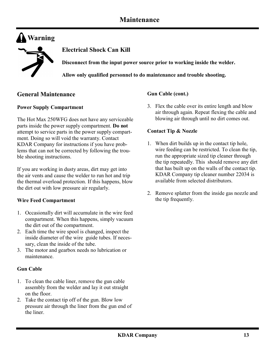 Maintenance, Warning | Hot Max Torches 250WFG User Manual | Page 14 / 20