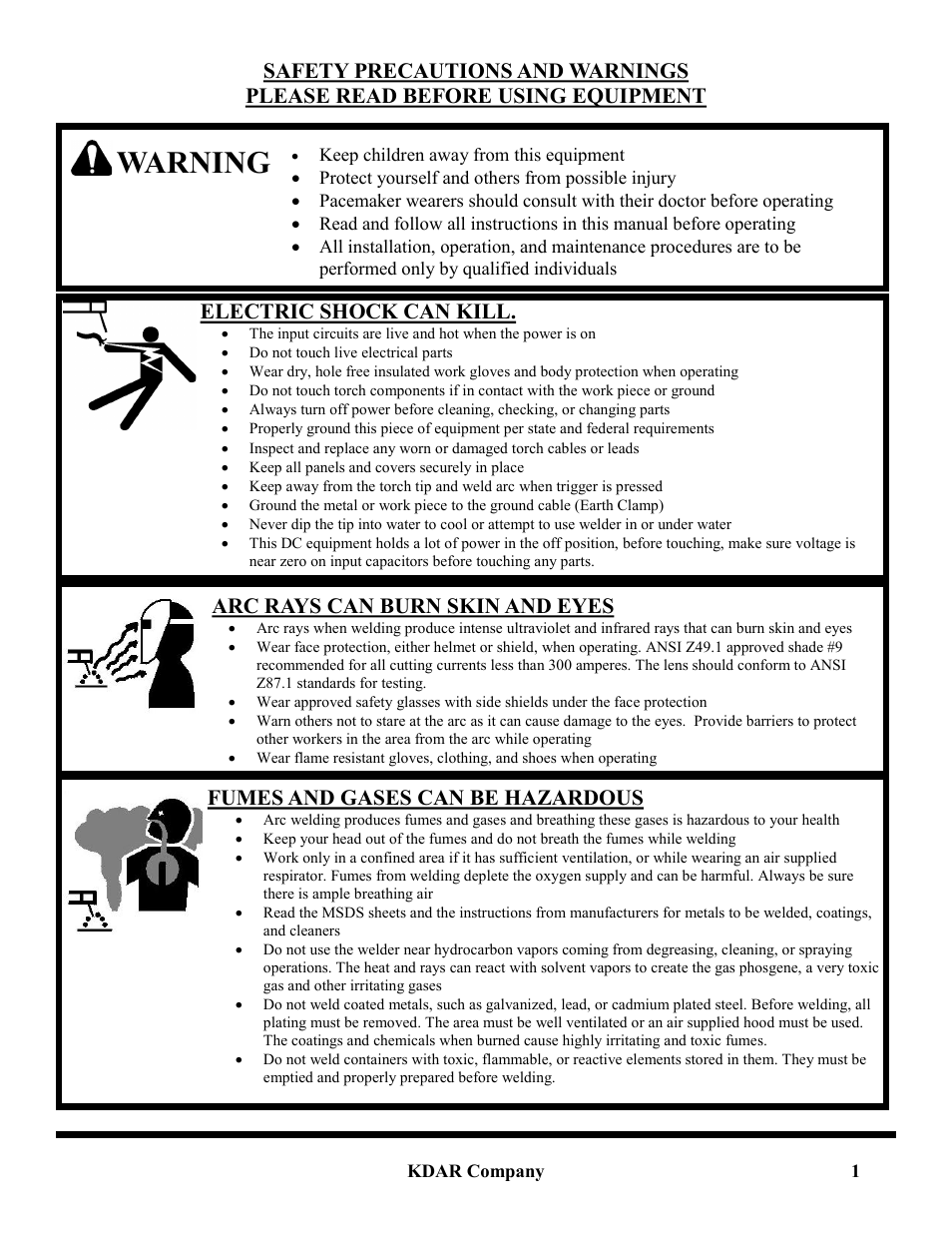 Warning, Electric shock can kill, Arc rays can burn skin and eyes | Fumes and gases can be hazardous | Hot Max Torches 250WFG User Manual | Page 2 / 20
