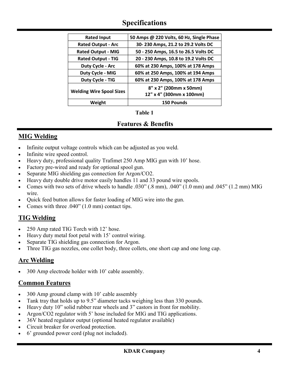 Specifications, Mig welding, Tig welding | Arc welding, Common features, Features & benefits | Hot Max Torches 250WFG User Manual | Page 5 / 20