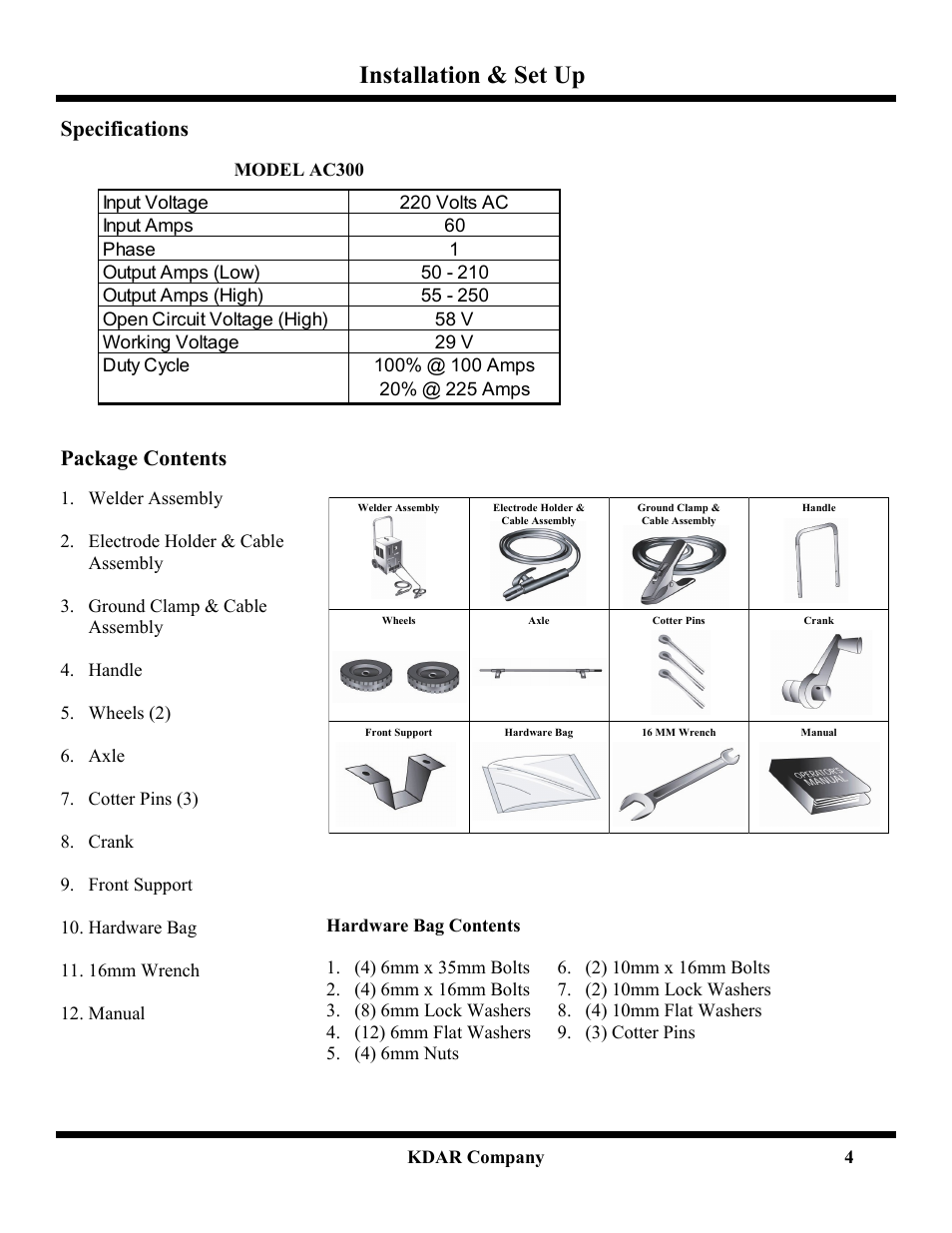 Installation & set up, Specifications, Package contents | Hot Max Torches AC300 User Manual | Page 5 / 9