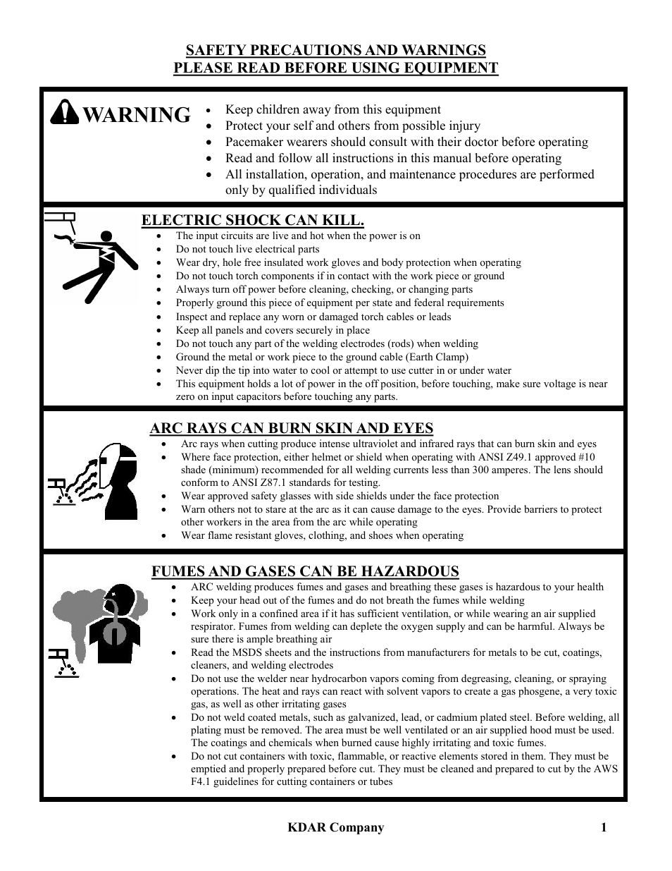 Warning, Electric shock can kill, Arc rays can burn skin and eyes | Fumes and gases can be hazardous | Hot Max Torches ACDC200 User Manual | Page 2 / 9