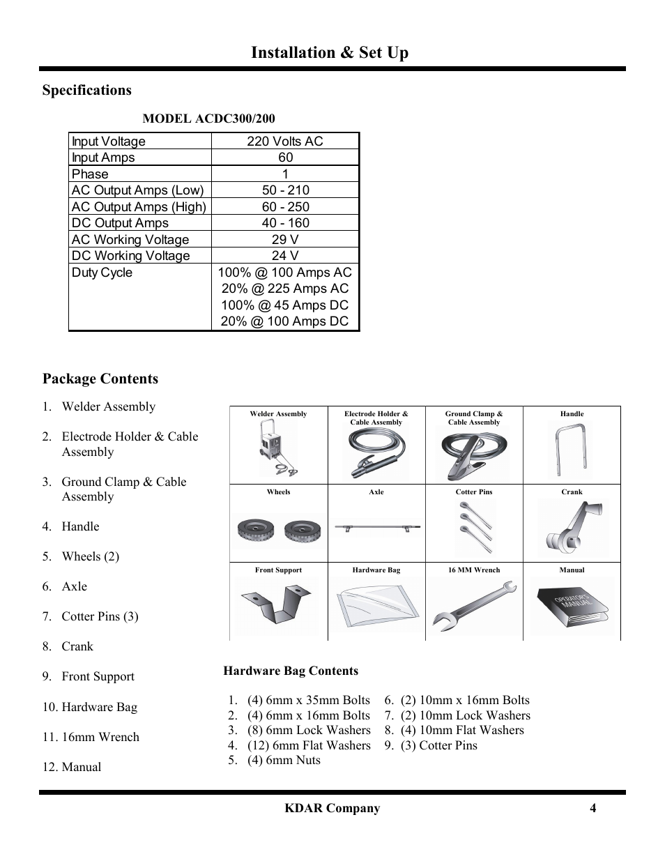 Installation & set up, Specifications, Package contents | Hot Max Torches ACDC200 User Manual | Page 5 / 9