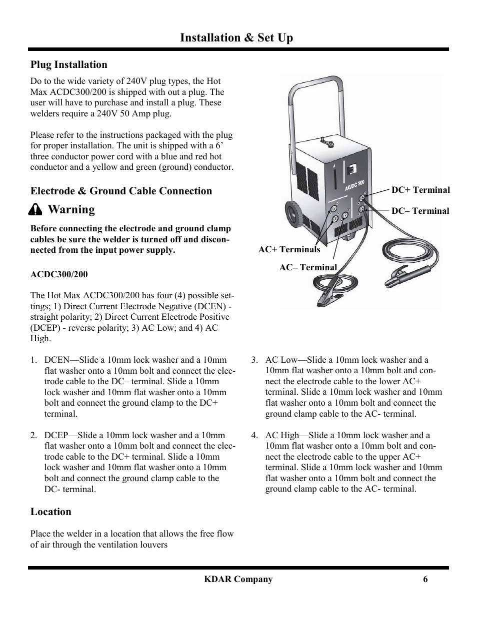 Installation & set up, Warning | Hot Max Torches ACDC200 User Manual | Page 7 / 9