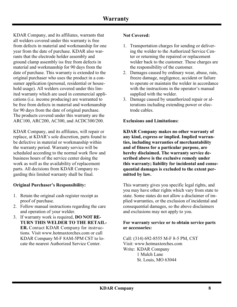 Warranty | Hot Max Torches ACDC200 User Manual | Page 9 / 9