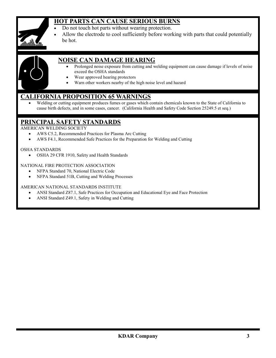 Hot parts can cause serious burns, Noise can damage hearing, California proposition 65 warnings | Principal safety standards | Hot Max Torches ARC100 User Manual | Page 4 / 8