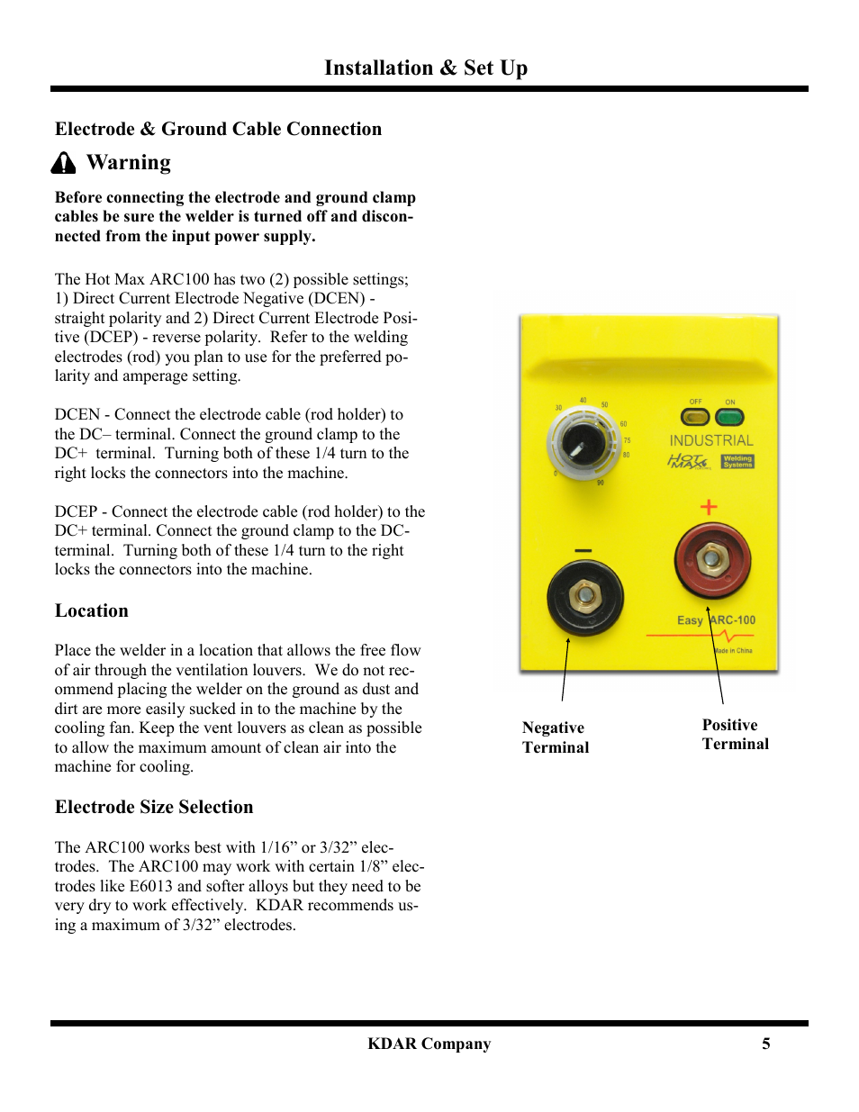 Installation & set up, Warning | Hot Max Torches ARC100 User Manual | Page 6 / 8