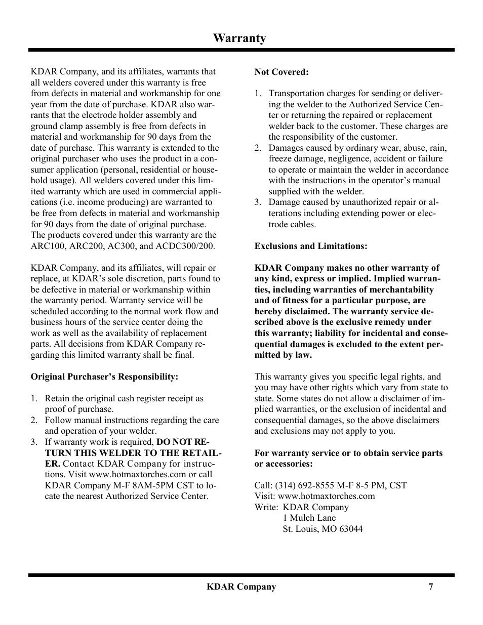 Warranty | Hot Max Torches ARC100 User Manual | Page 8 / 8