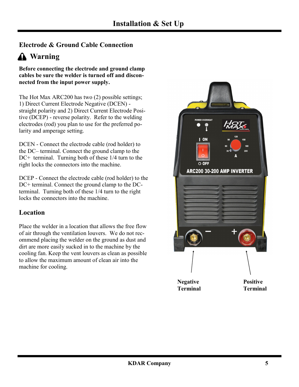 Installation & set up, Warning | Hot Max Torches ARC200 User Manual | Page 6 / 8
