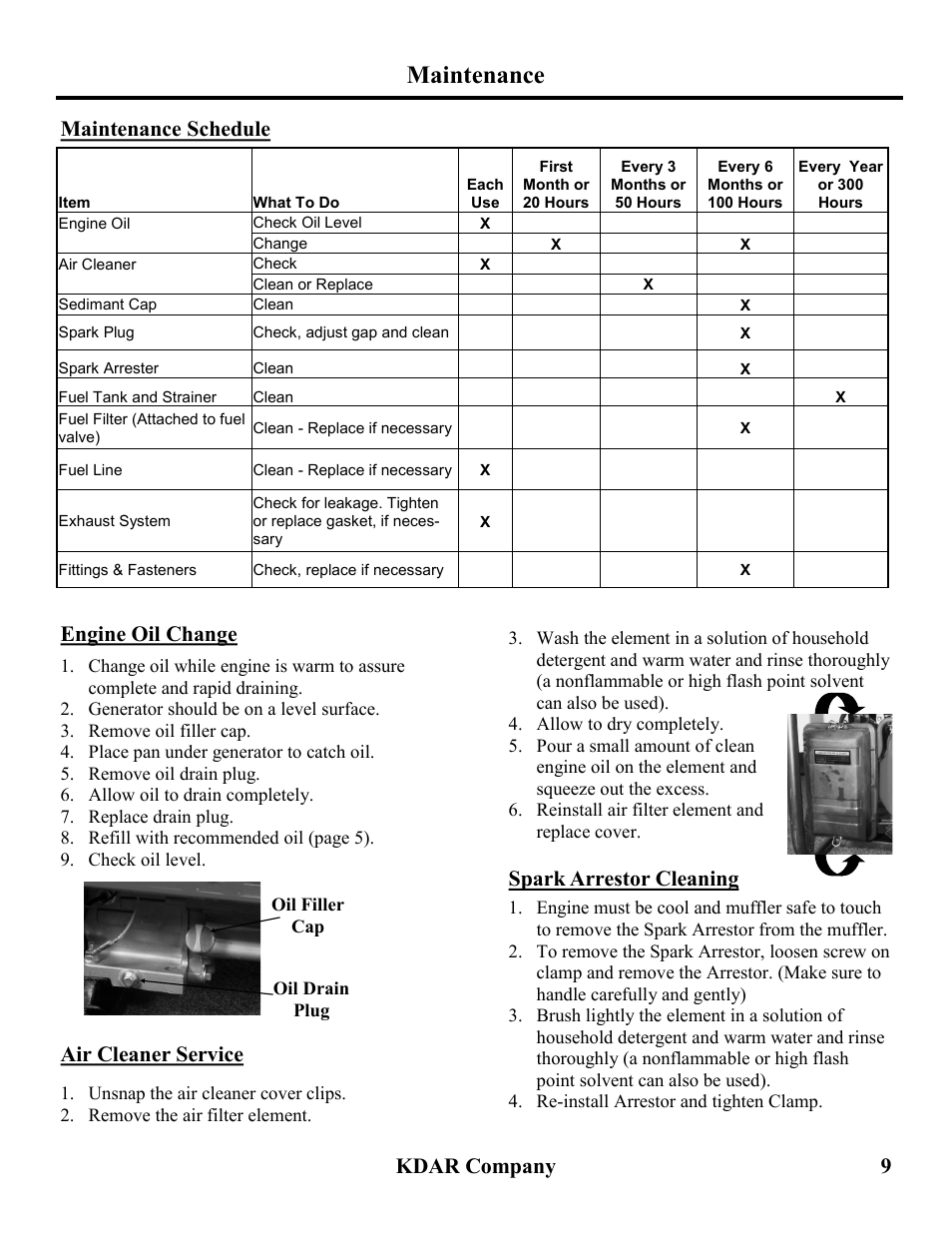 Maintenance, Kdar company 9, Maintenance schedule | Engine oil change, Air cleaner service, Spark arrestor cleaning | Hot Max Torches HM2000 User Manual | Page 10 / 16