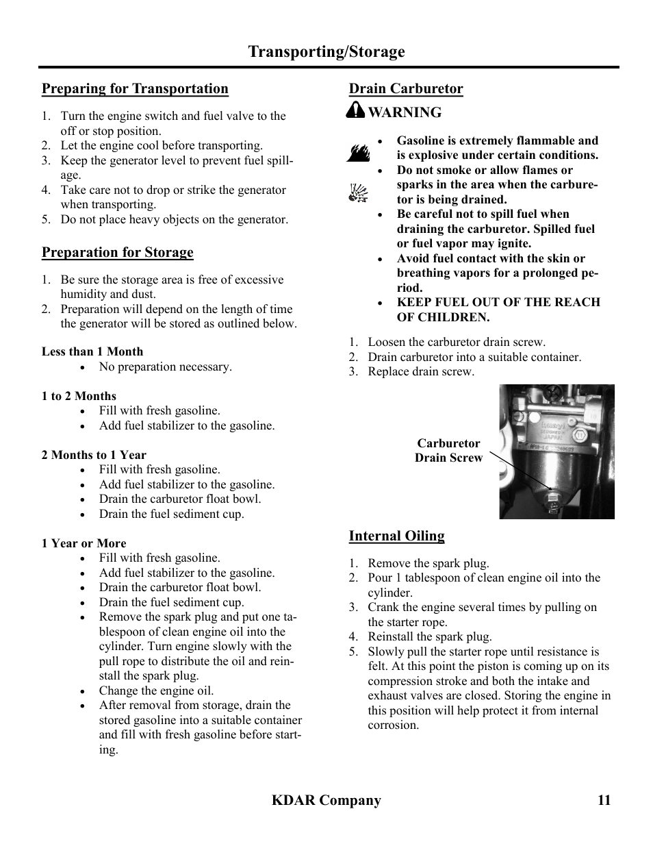 Transporting/storage, Kdar company 11, Preparing for transportation | Preparation for storage, Drain carburetor, Warning, Internal oiling | Hot Max Torches HM2000 User Manual | Page 12 / 16
