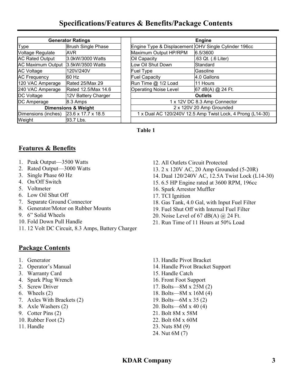 Kdar company 3, Features & benefits, Package contents | Hot Max Torches HM3500 User Manual | Page 4 / 16