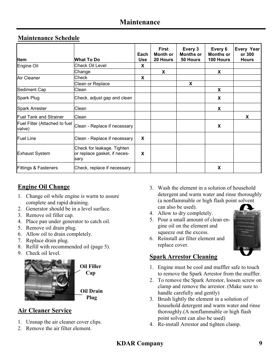 Maintenance, Kdar company 9, Maintenance schedule | Engine oil change, Air cleaner service, Spark arrestor cleaning | Hot Max Torches HM8000 User Manual | Page 10 / 16