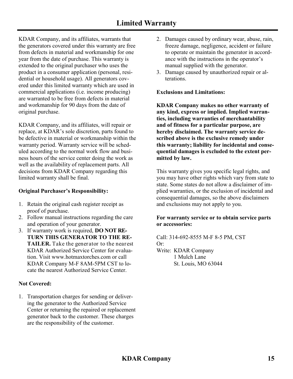 Limited warranty | Hot Max Torches HM8000 User Manual | Page 16 / 16