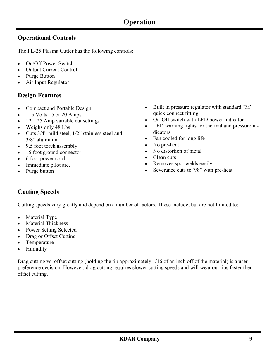 Operation, Operational controls, Design features | Cutting speeds | Hot Max Torches PL-25 User Manual | Page 11 / 20