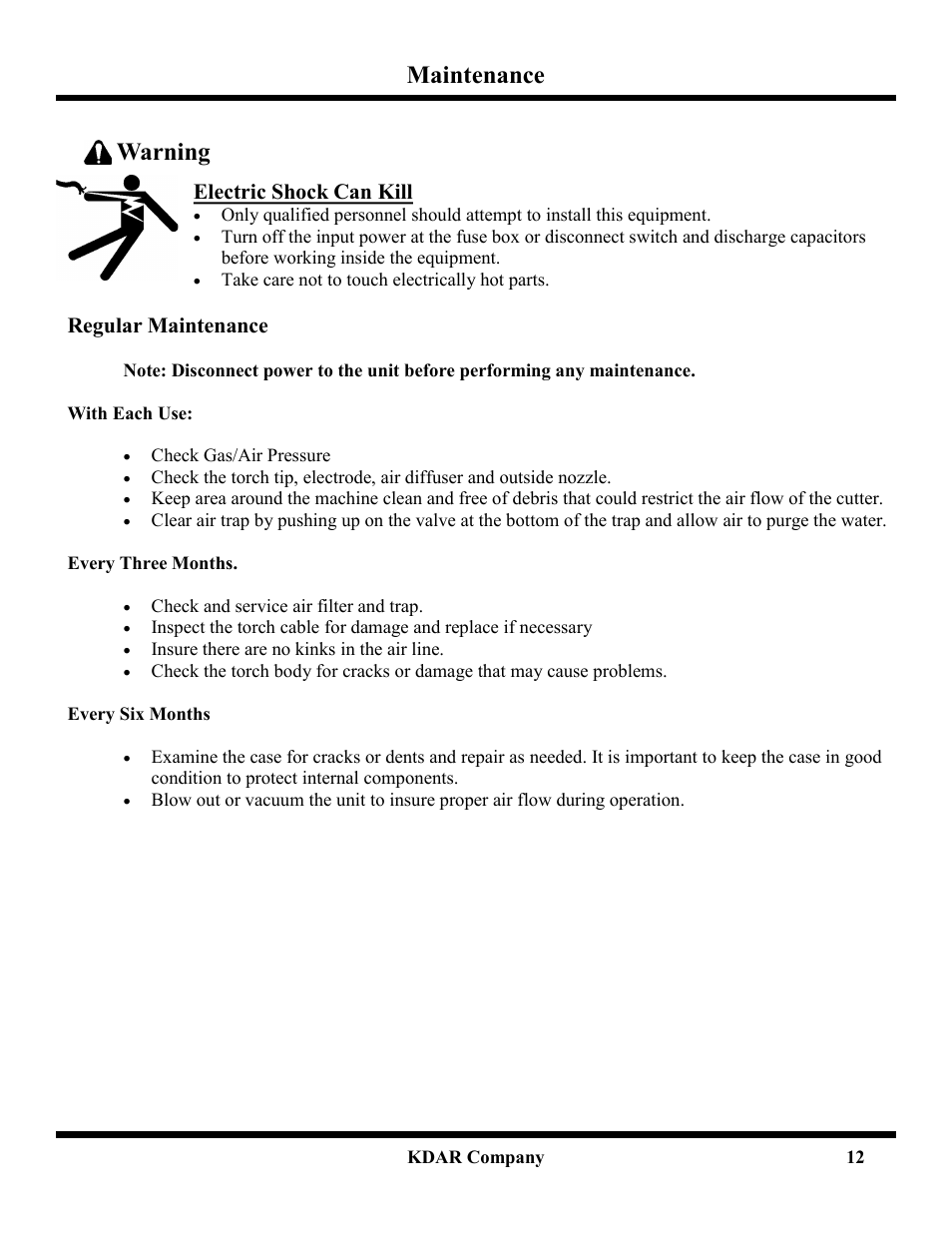 Maintenance, Warning, Electric shock can kill | Regular maintenance | Hot Max Torches PL-25 User Manual | Page 14 / 20