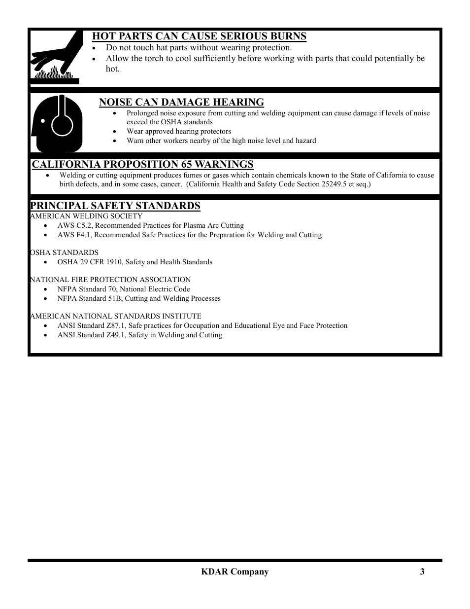 Noise can damage hearing, California proposition 65 warnings, Principal safety standards | Hot parts can cause serious burns | Hot Max Torches PL-25 User Manual | Page 5 / 20