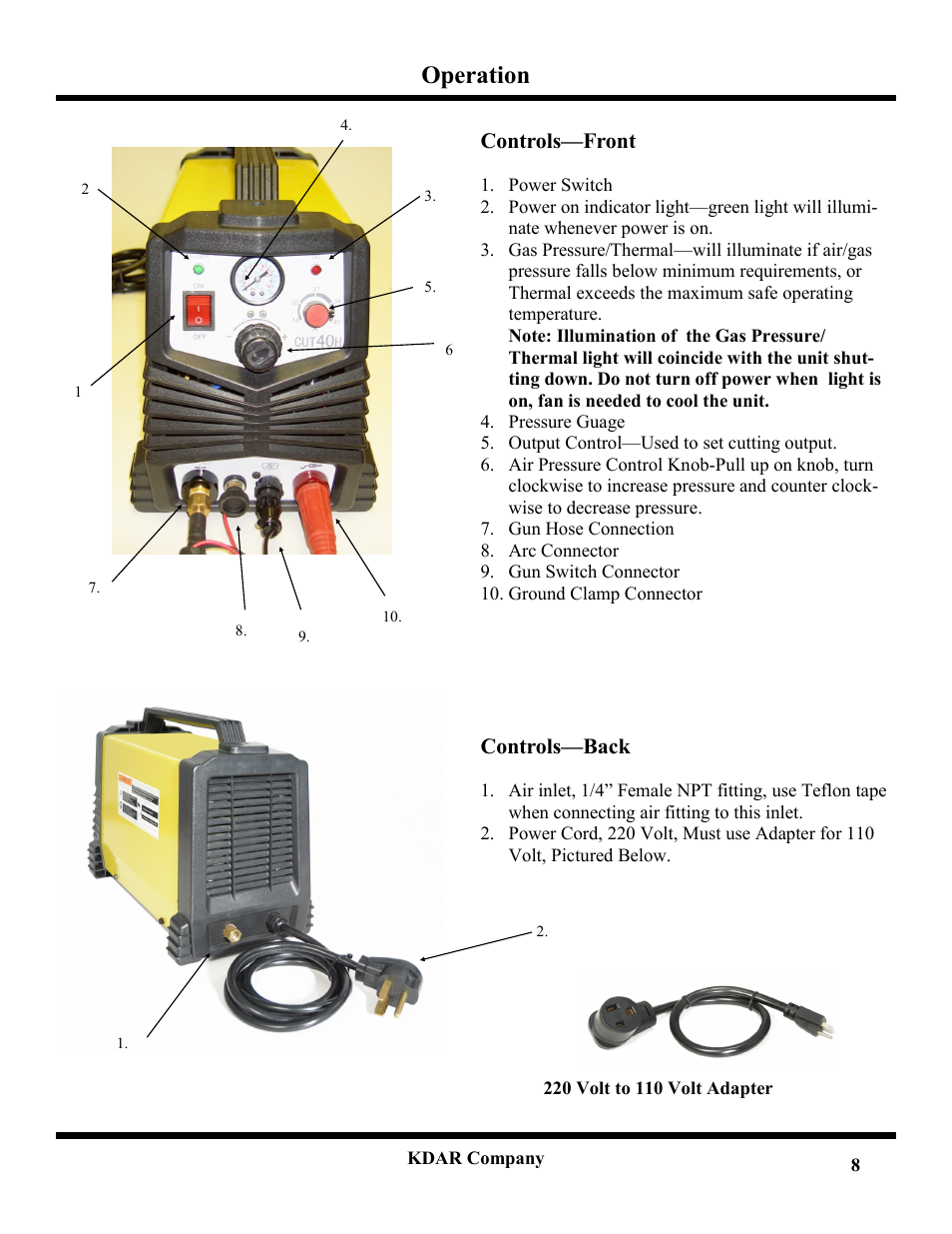 Operation, Controls—front, Controls—back | Hot Max Torches PL-40 User Manual | Page 10 / 20