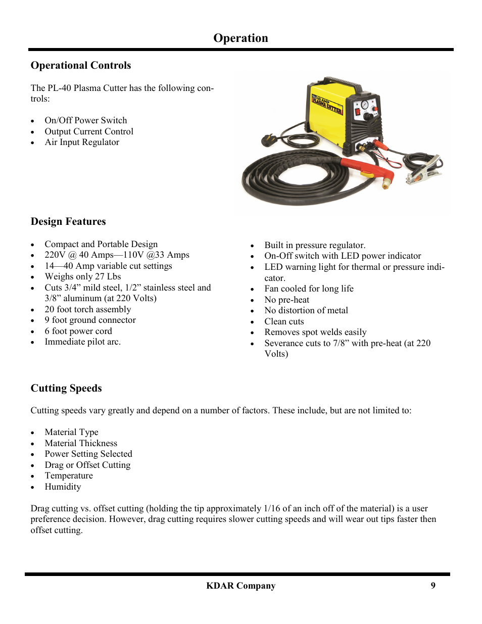 Operation, Operational controls, Design features | Cutting speeds | Hot Max Torches PL-40 User Manual | Page 11 / 20