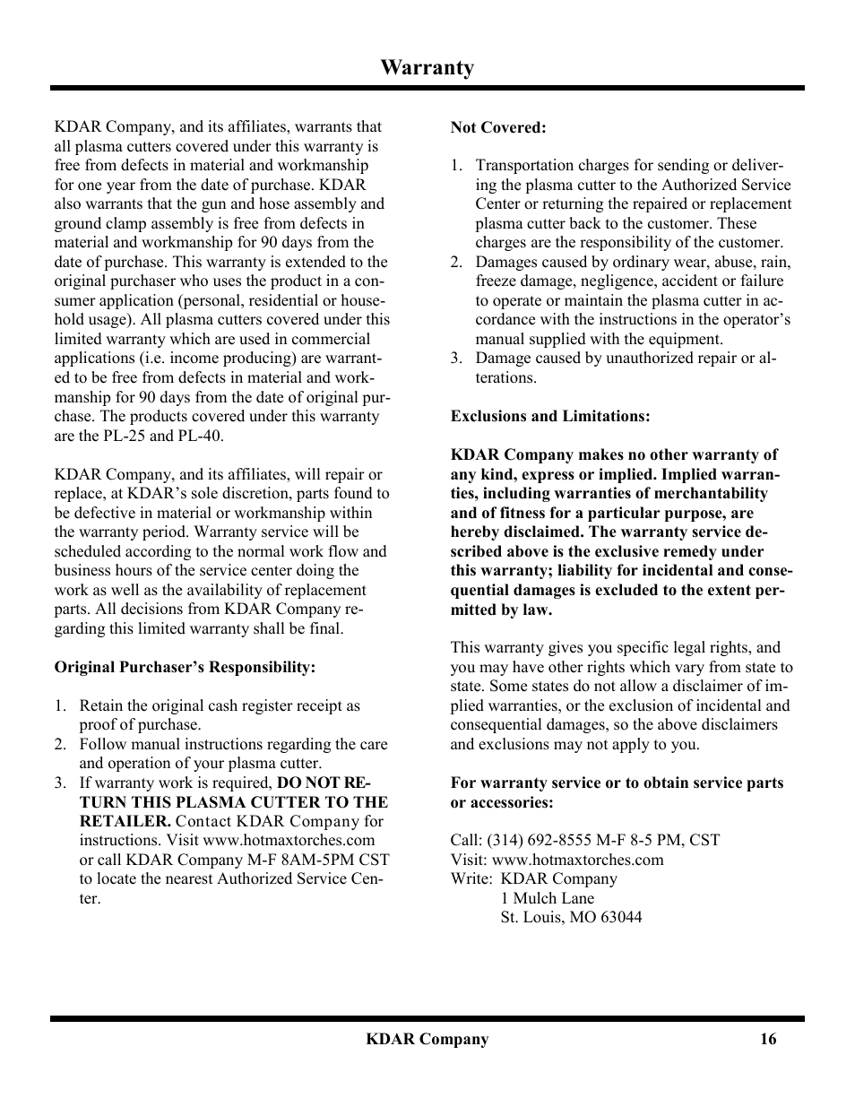 Warranty | Hot Max Torches PL-40 User Manual | Page 18 / 20