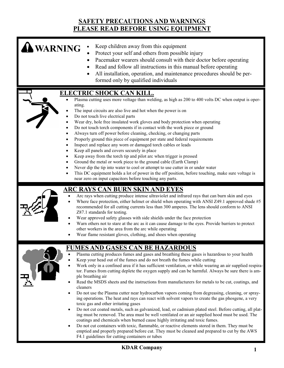 Warning, Electric shock can kill, Arc rays can burn skin and eyes | Fumes and gases can be hazardous | Hot Max Torches PL-40 User Manual | Page 3 / 20