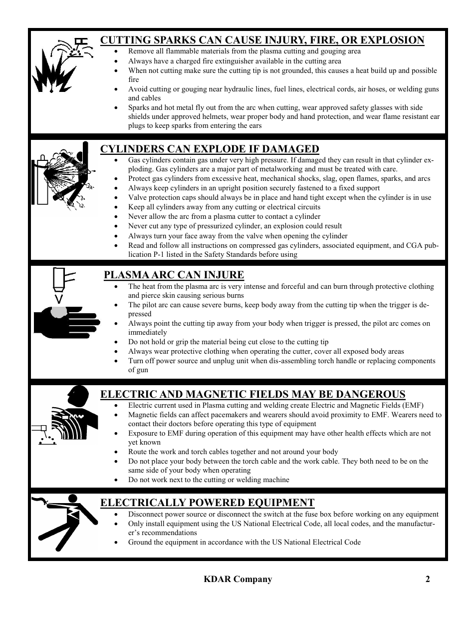 Cylinders can explode if damaged, Plasma arc can injure, Electric and magnetic fields may be dangerous | Electrically powered equipment | Hot Max Torches PL-40 User Manual | Page 4 / 20