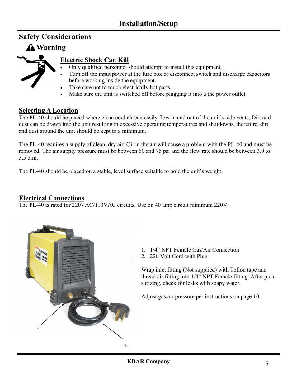 Installation/setup warning safety considerations | Hot Max Torches PL-40 User Manual | Page 7 / 20