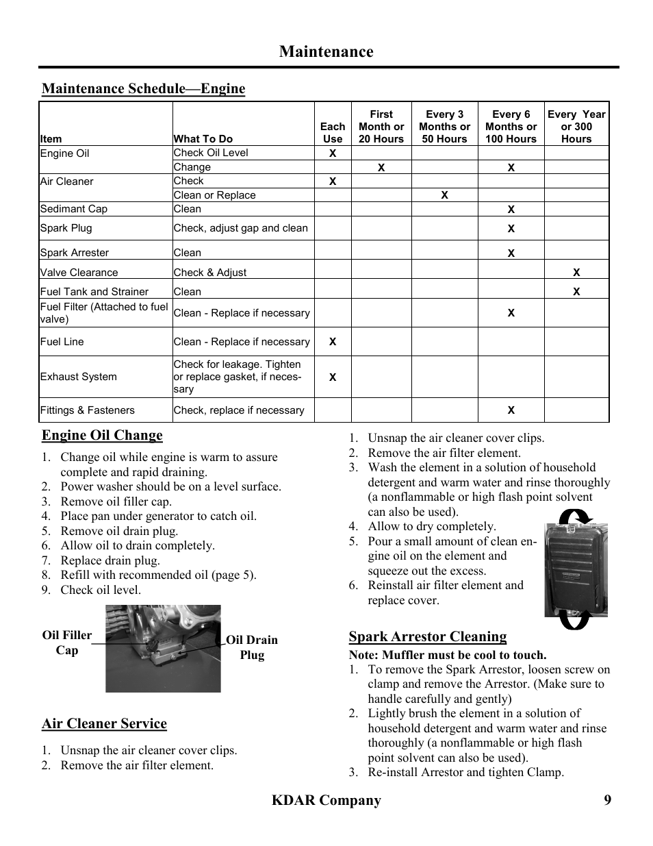 Maintenance, Kdar company 9, Maintenance schedule—engine | Engine oil change, Air cleaner service, Spark arrestor cleaning | Hot Max Torches PW2000 User Manual | Page 10 / 16