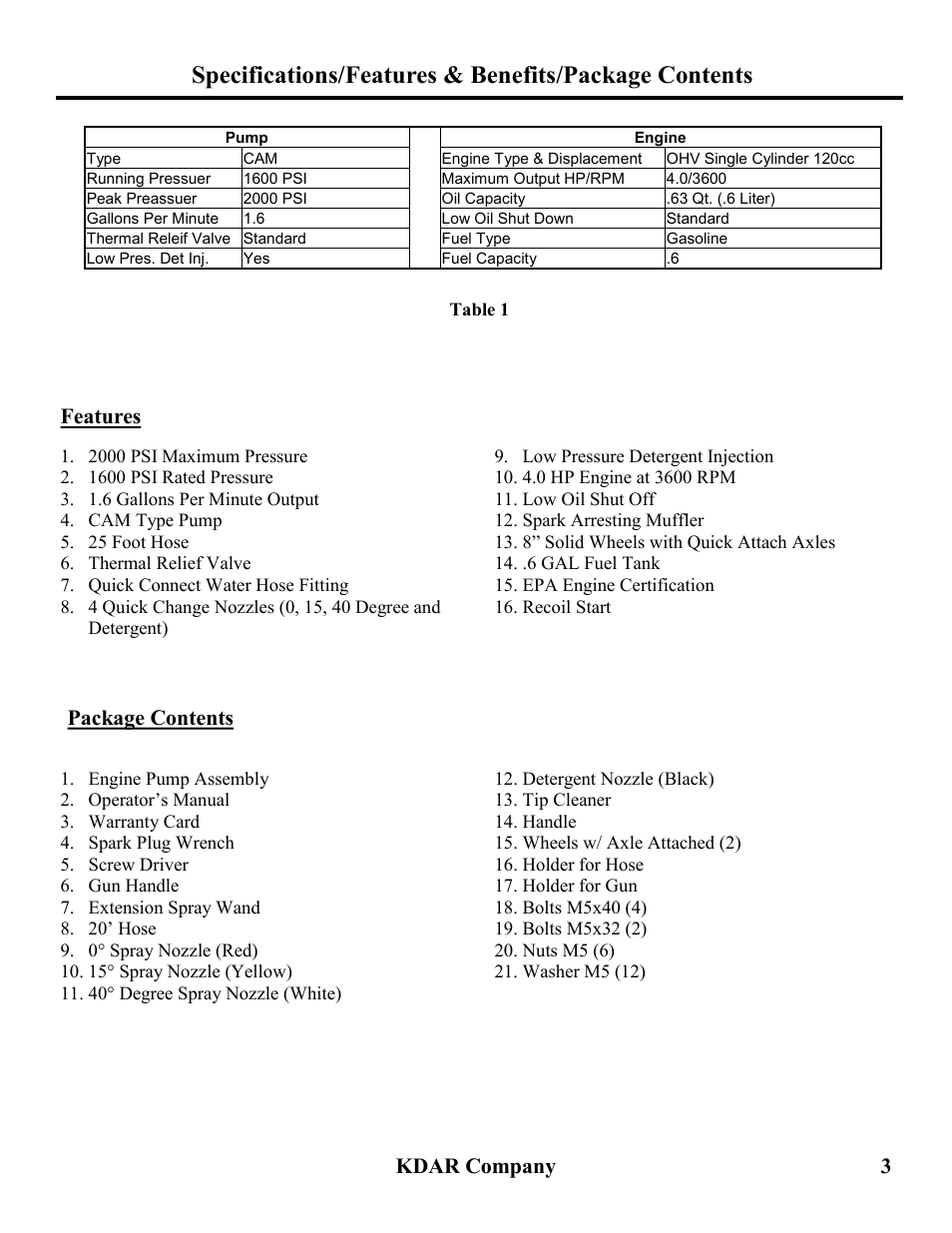 Kdar company 3, Package contents, Features | Hot Max Torches PW2000 User Manual | Page 4 / 16