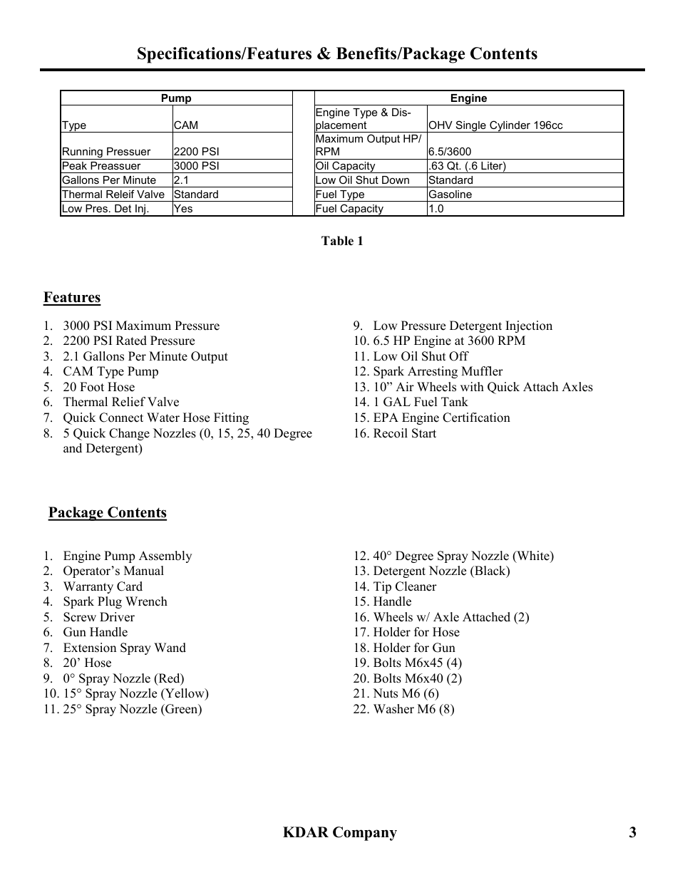 Kdar company 3, Package contents, Features | Hot Max Torches PW3000 User Manual | Page 4 / 16