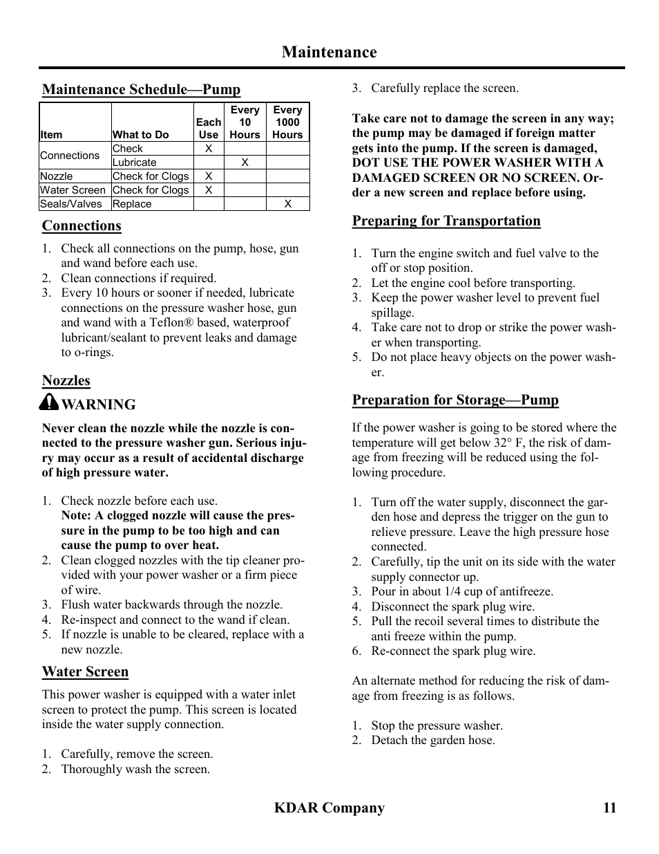 Maintenance, Kdar company 11, Maintenance schedule—pump | Connections nozzles, Warning, Water screen, Preparing for transportation, Preparation for storage—pump | Hot Max Torches PW3600 User Manual | Page 12 / 16