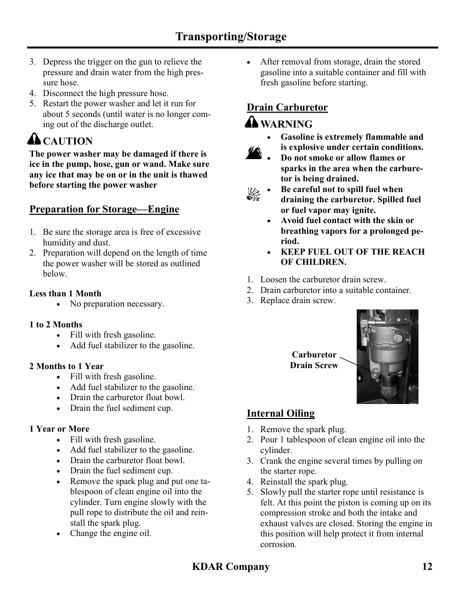 Transporting/storage, Kdar company 12, Preparation for storage—engine | Drain carburetor, Warning, Internal oiling, Caution | Hot Max Torches PW3600 User Manual | Page 13 / 16