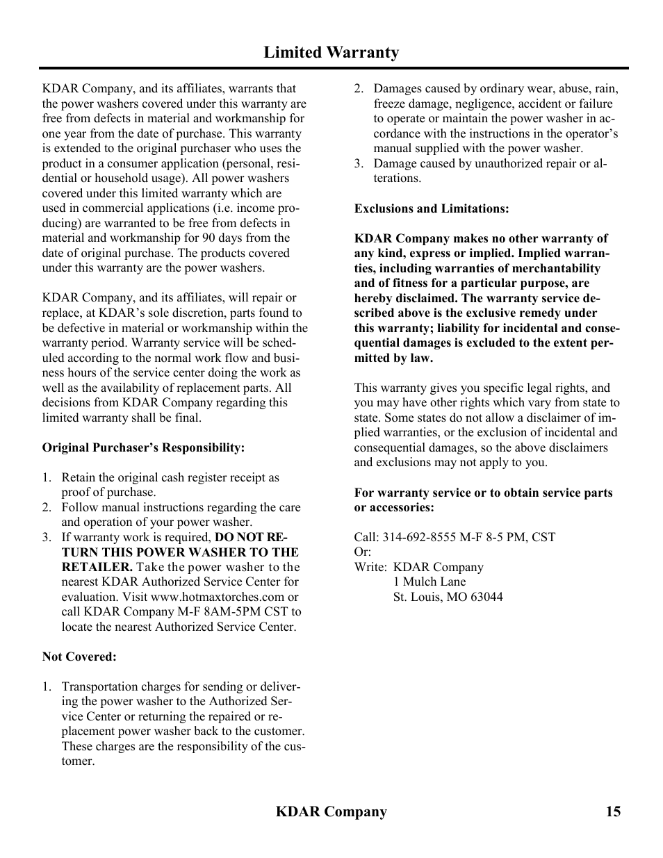 Limited warranty | Hot Max Torches PW3600 User Manual | Page 16 / 16