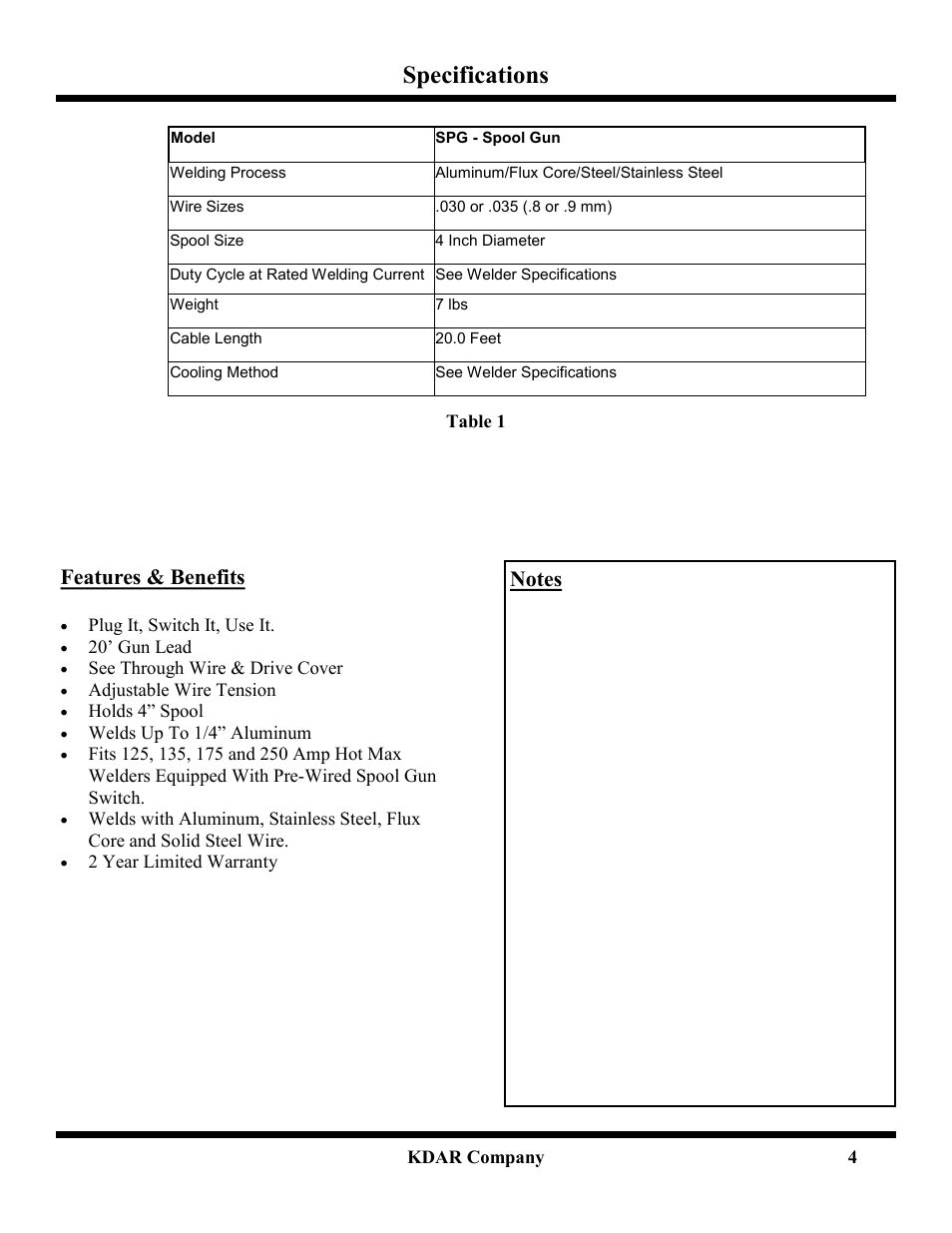 Specifications, Features & benefits | Hot Max Torches SPG User Manual | Page 5 / 12