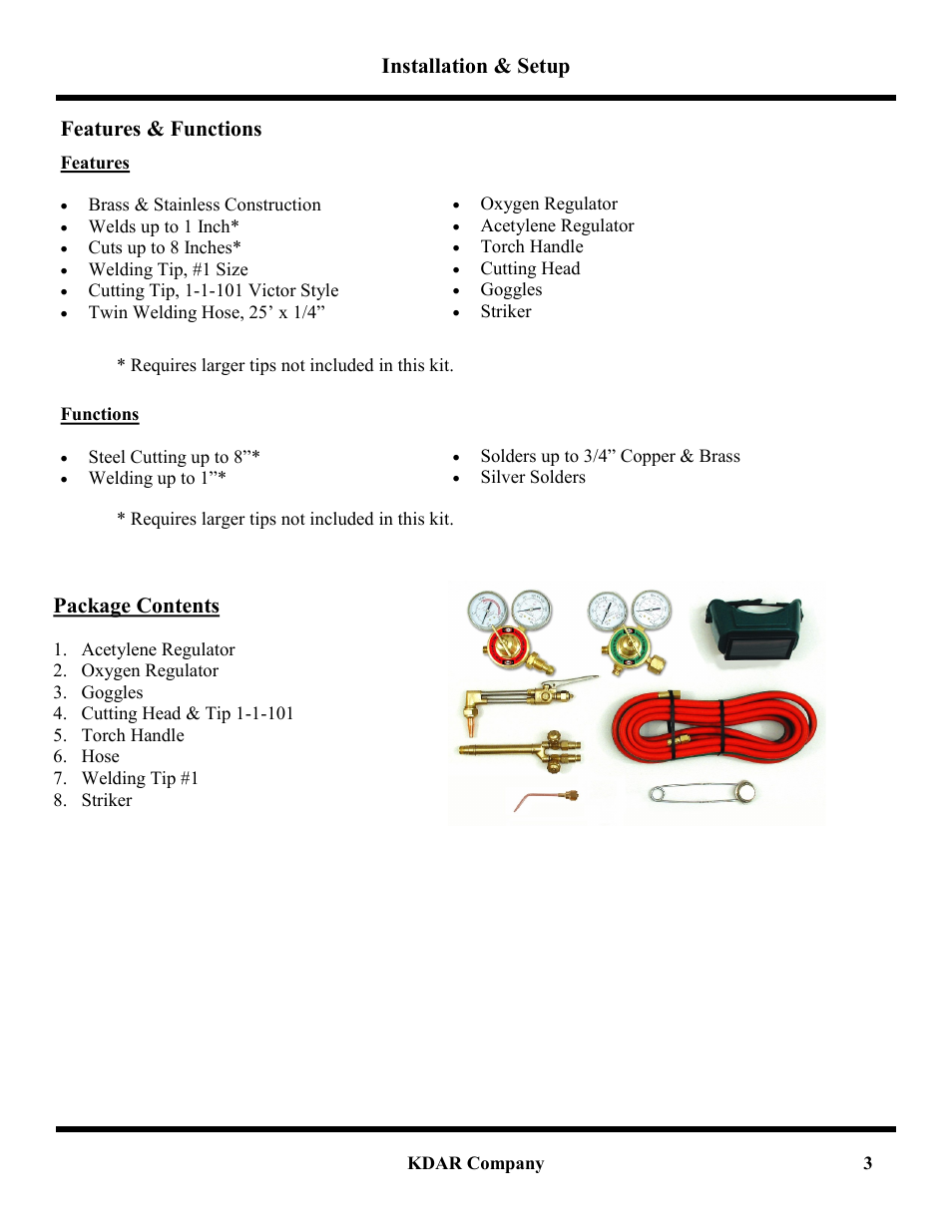 Installation & setup features & functions, Package contents | Hot Max Torches VTK-HD-B User Manual | Page 4 / 12