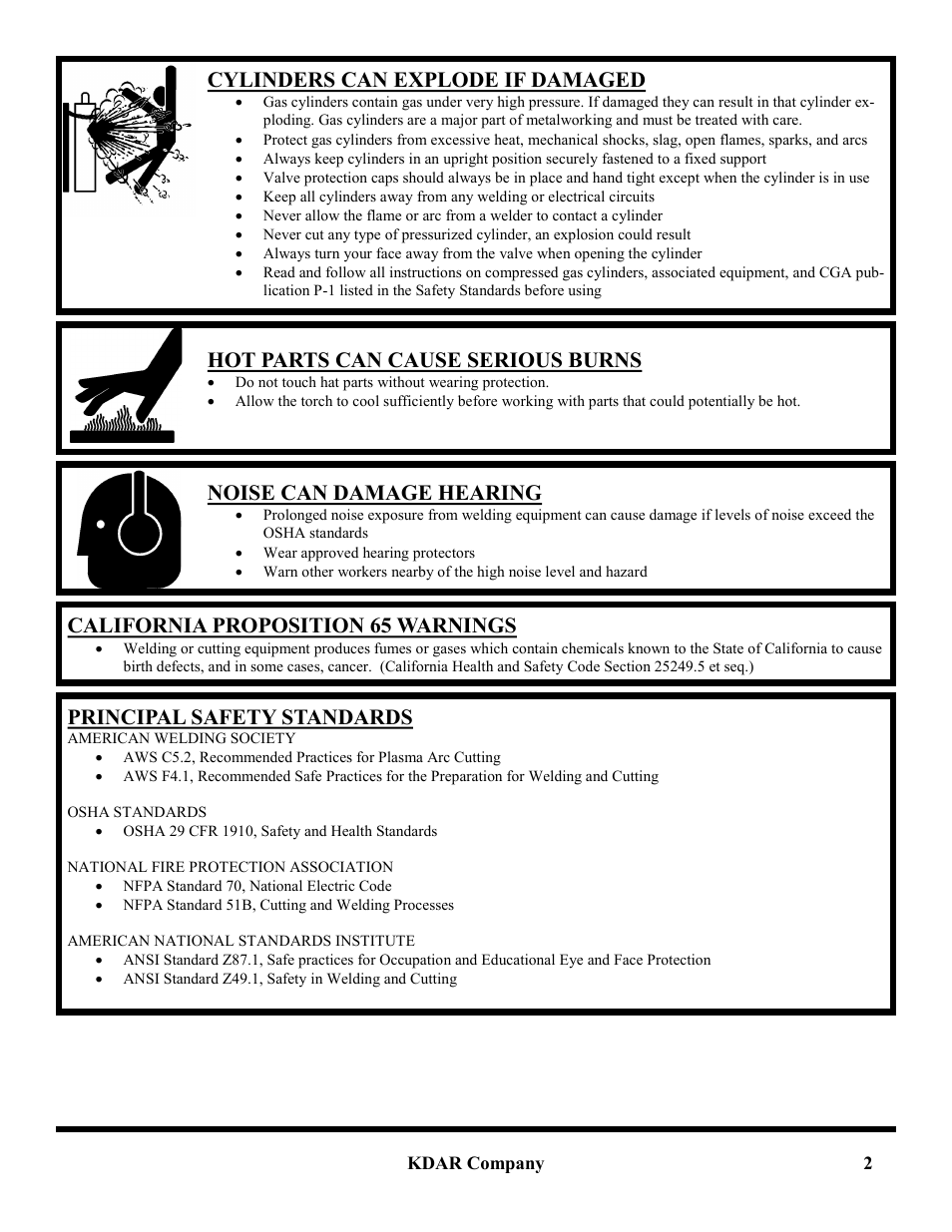 Cylinders can explode if damaged, Hot parts can cause serious burns, Noise can damage hearing | California proposition 65 warnings, Principal safety standards | Hot Max Torches VTK-MD User Manual | Page 3 / 12