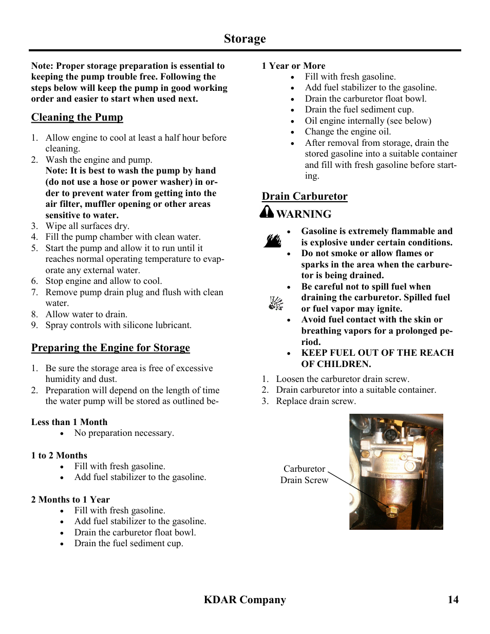 Storage, Kdar company 14, Cleaning the pump | Preparing the engine for storage, Drain carburetor warning | Hot Max Torches WP201 User Manual | Page 15 / 20