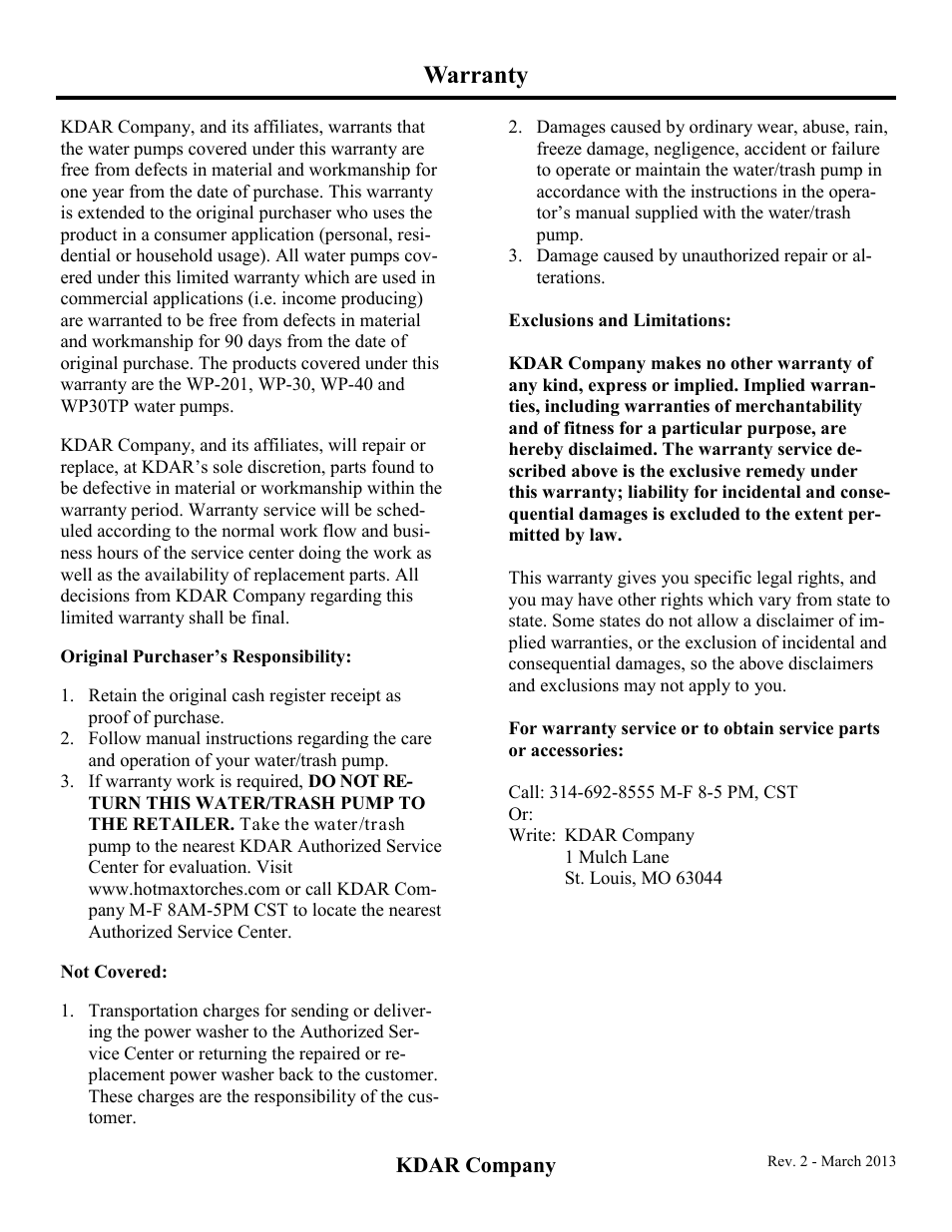 Warranty | Hot Max Torches WP201 User Manual | Page 20 / 20