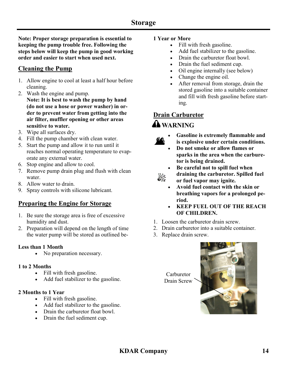 Storage, Kdar company 14, Cleaning the pump | Preparing the engine for storage, Drain carburetor warning | Hot Max Torches WP30TP User Manual | Page 15 / 20