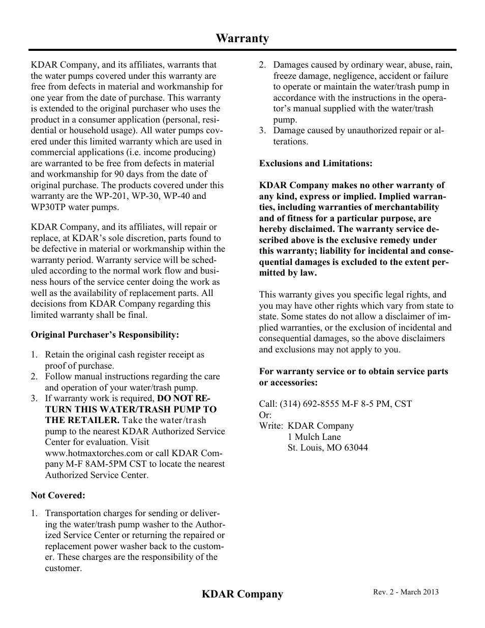 Warranty | Hot Max Torches WP30TP User Manual | Page 20 / 20