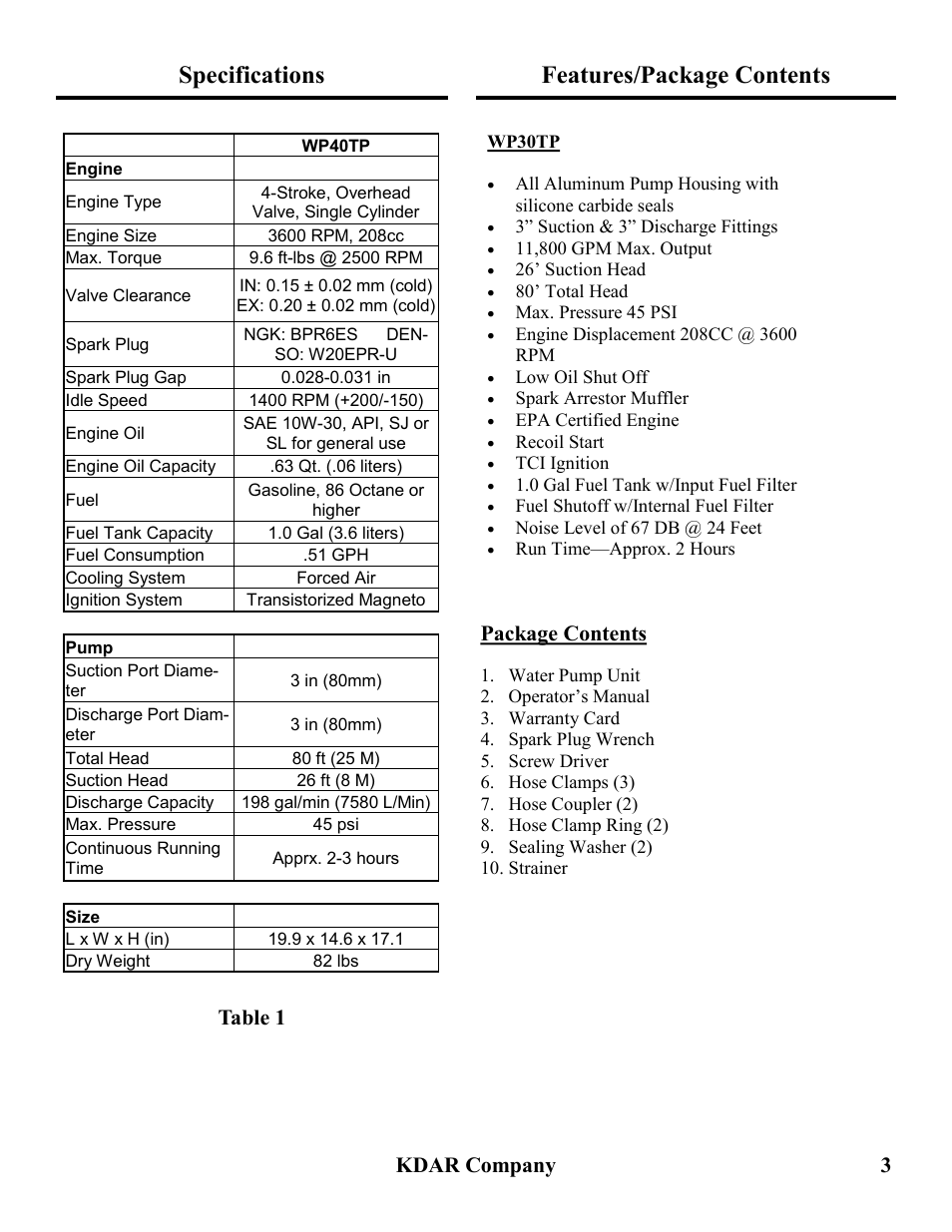 Specifications, Features/package contents, Kdar company 3 | Table 1, Package contents | Hot Max Torches WP30TP User Manual | Page 4 / 20