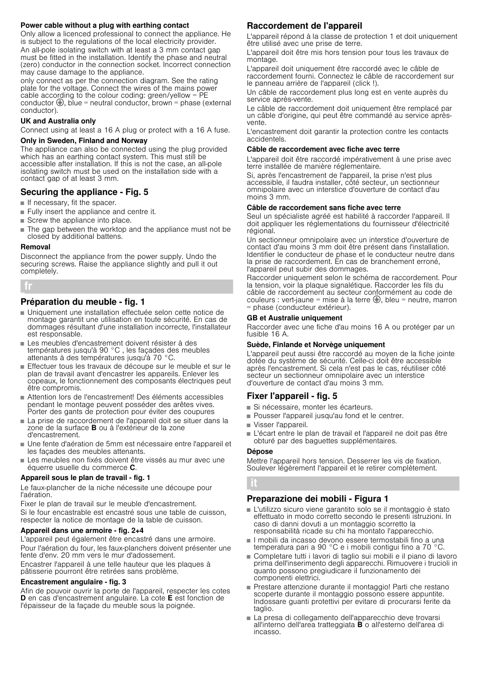 Power cable without a plug with earthing contact, Uk and australia only, Only in sweden, finland and norway | Securing the appliance ­ fig. 5, Appareil dans une armoire ­ fig. 2+4, Encastrement angulaire ­ fig. 3, Raccordement de l'appareil, Câble de raccordement sans fiche avec terre, Gb et australie uniquement, Suède, finlande et norvège uniquement | Siemens HB23GB650J User Manual | Page 5 / 13