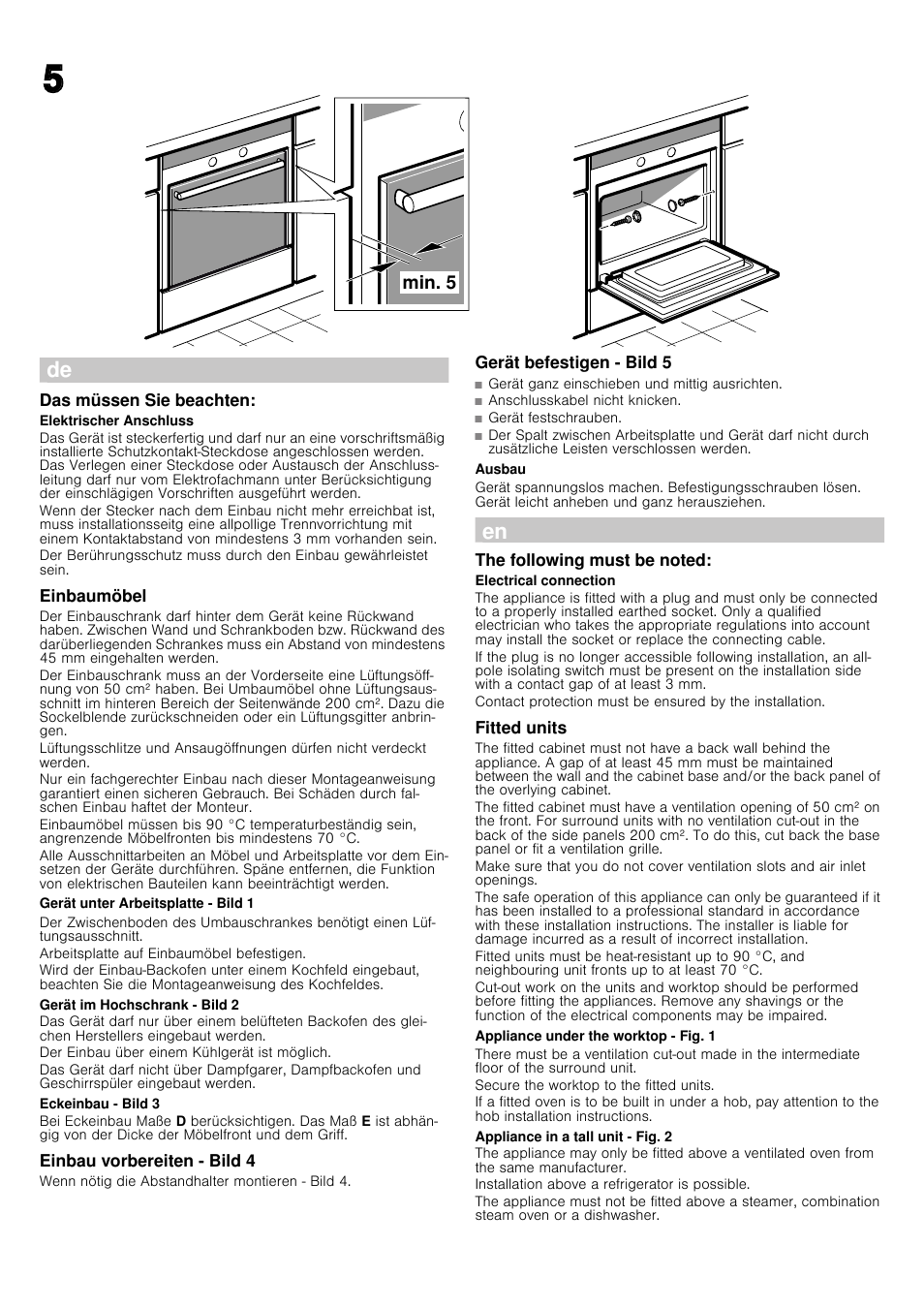 Das müssen sie beachten, Einbaumöbel, Gerät unter arbeitsplatte - bild 1 | Gerät im hochschrank - bild 2, Eckeinbau - bild 3, Einbau vorbereiten - bild 4, Gerät befestigen - bild 5, Ausbau, The following must be noted, Fitted units | Siemens HB84K582 User Manual | Page 3 / 10