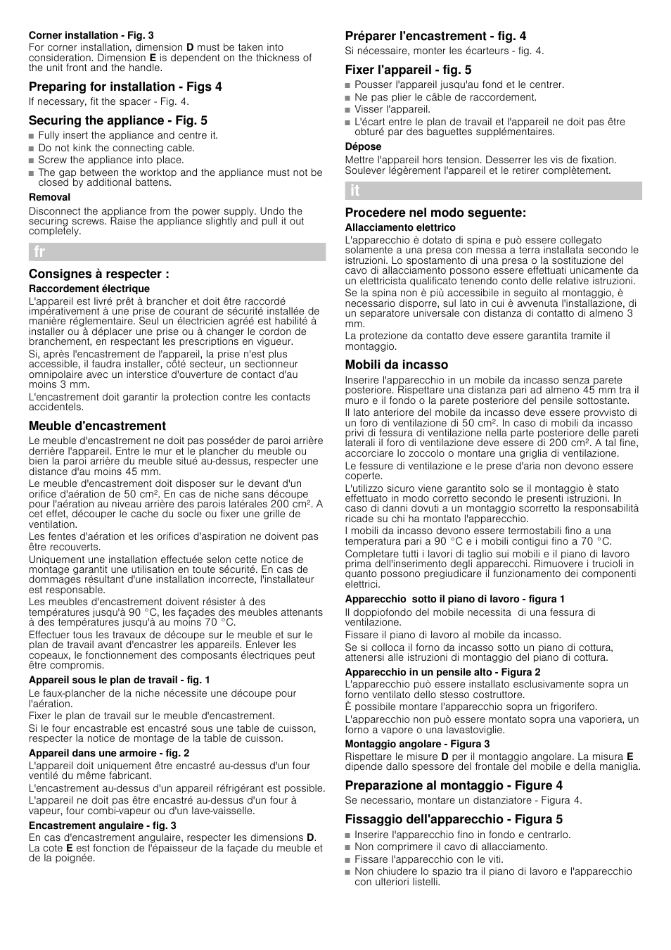 Corner installation ­ fig. 3, Preparing for installation ­ figs 4, Securing the appliance ­ fig. 5 | Removal, Consignes à respecter, Meuble d'encastrement, Appareil sous le plan de travail - fig. 1, Appareil dans une armoire - fig. 2, Encastrement angulaire ­ fig. 3, Préparer l'encastrement ­ fig. 4 | Siemens HB84K582 User Manual | Page 4 / 10