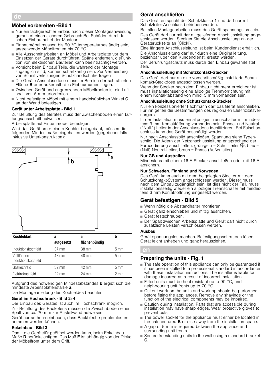 Möbel vorbereiten -bild 1, Gerät anschließen, Gerät befestigen - bild 5 | Preparing the units - fig. 1 | Siemens HB38GB590 User Manual | Page 4 / 19