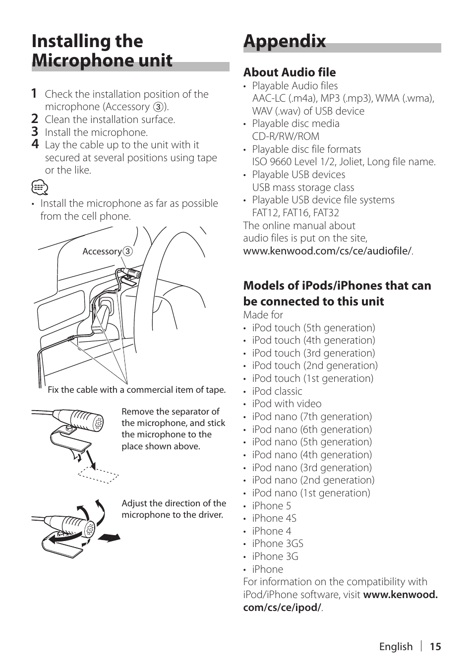 Installing the microphone unit, Appendix, Installing the microphone unit appendix | Kenwood KDC-X898 User Manual | Page 15 / 48