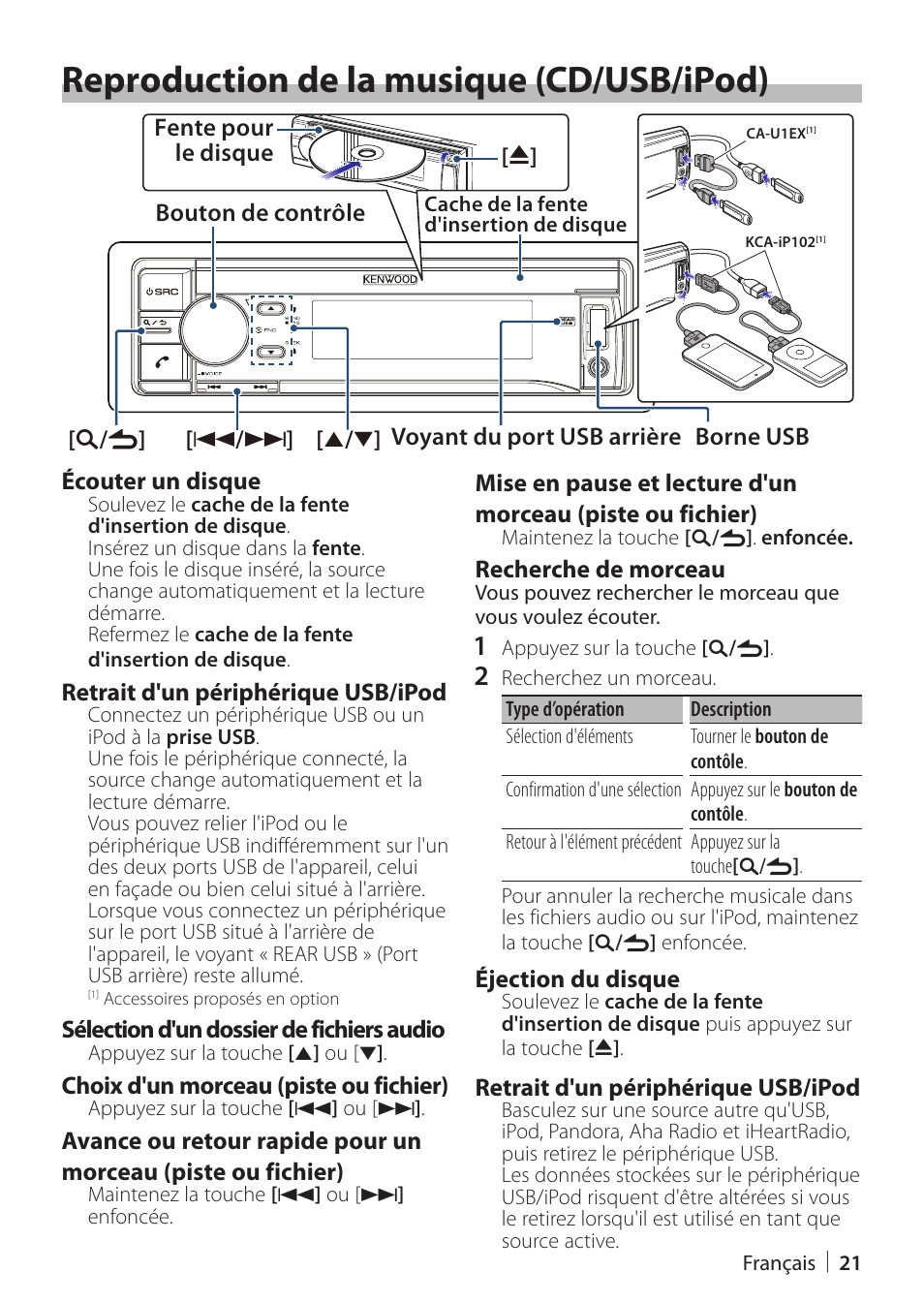 Reproduction de la musique (cd/usb/ipod), Reproduction de la musique, Cd/usb/ipod) | Kenwood KDC-X898 User Manual | Page 21 / 48