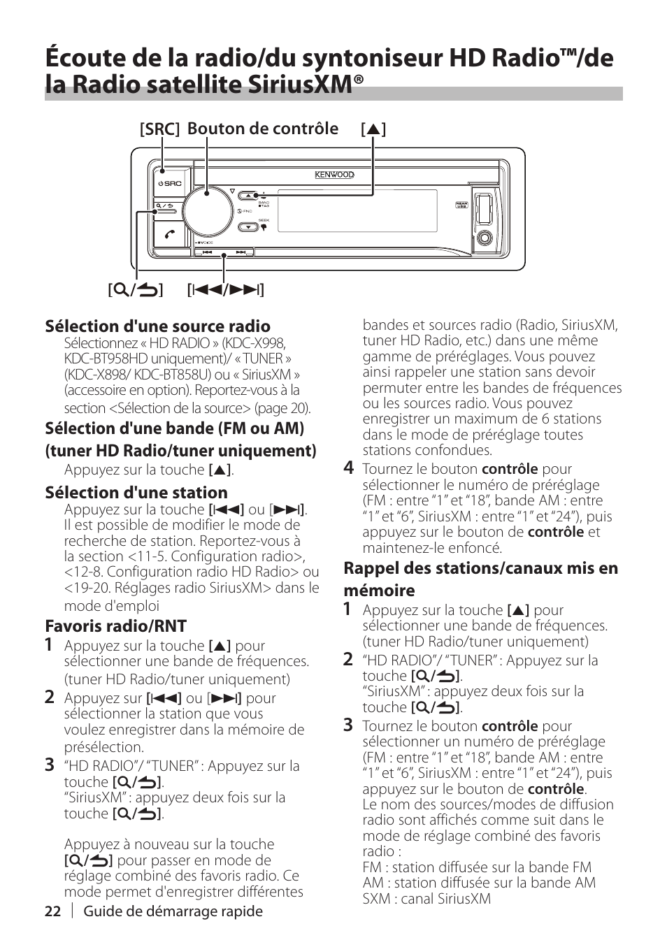 Écoute de la radio | Kenwood KDC-X898 User Manual | Page 22 / 48