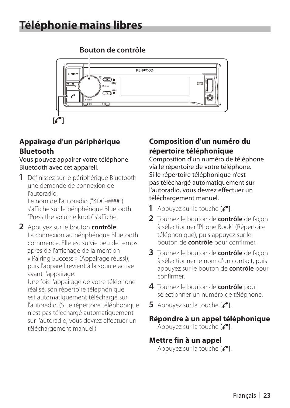 Téléphonie mains libres | Kenwood KDC-X898 User Manual | Page 23 / 48