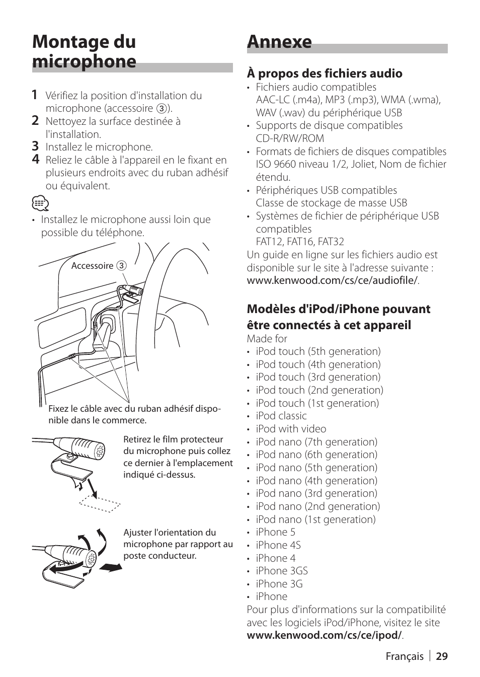 Montage du microphone, Annexe, Montage du microphone annexe | Kenwood KDC-X898 User Manual | Page 29 / 48