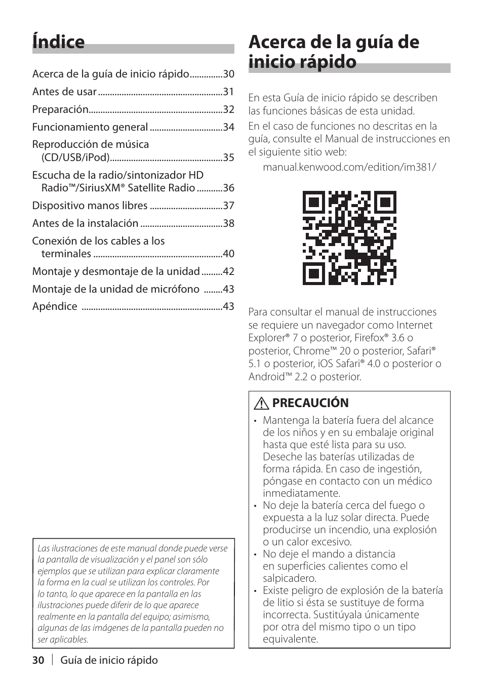 Índice, Acerca de la guía de inicio rápido | Kenwood KDC-X898 User Manual | Page 30 / 48